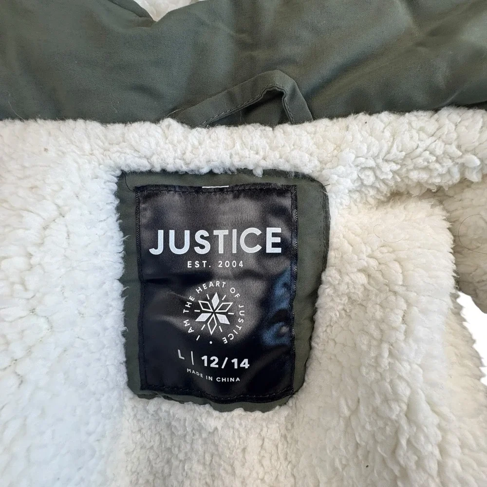 Justice Girls Olive Parka Jacket Faux Fur Hood‎ Coat Size L 12/14